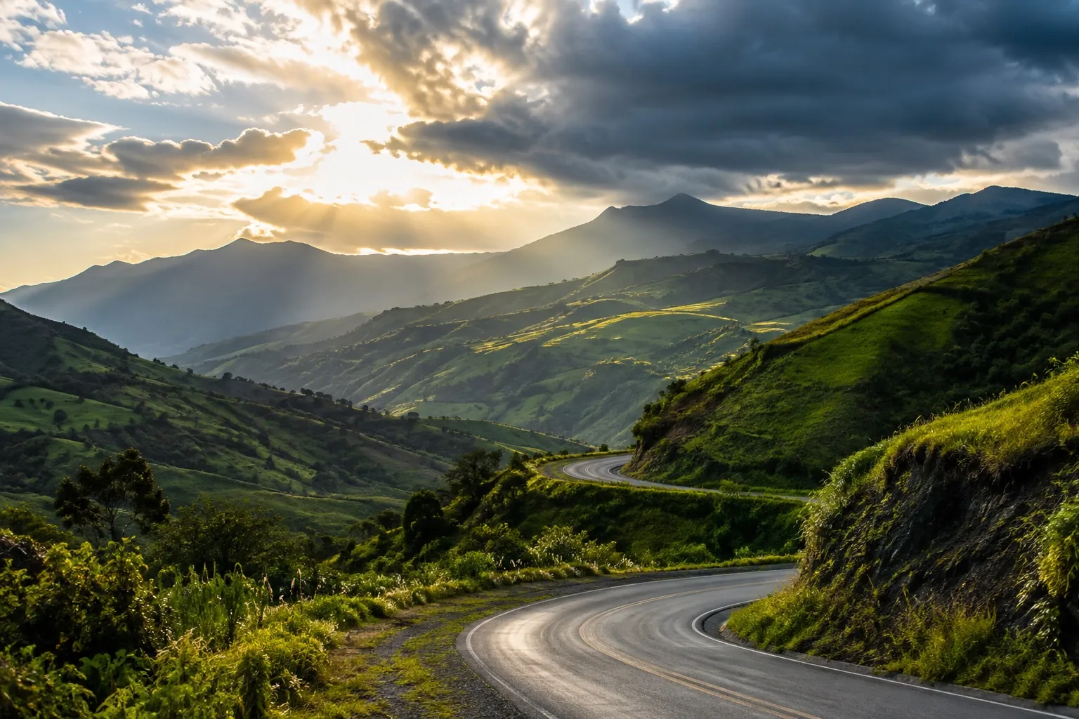 Un camino entre montañas bajo un cielo que empieza a despejarse